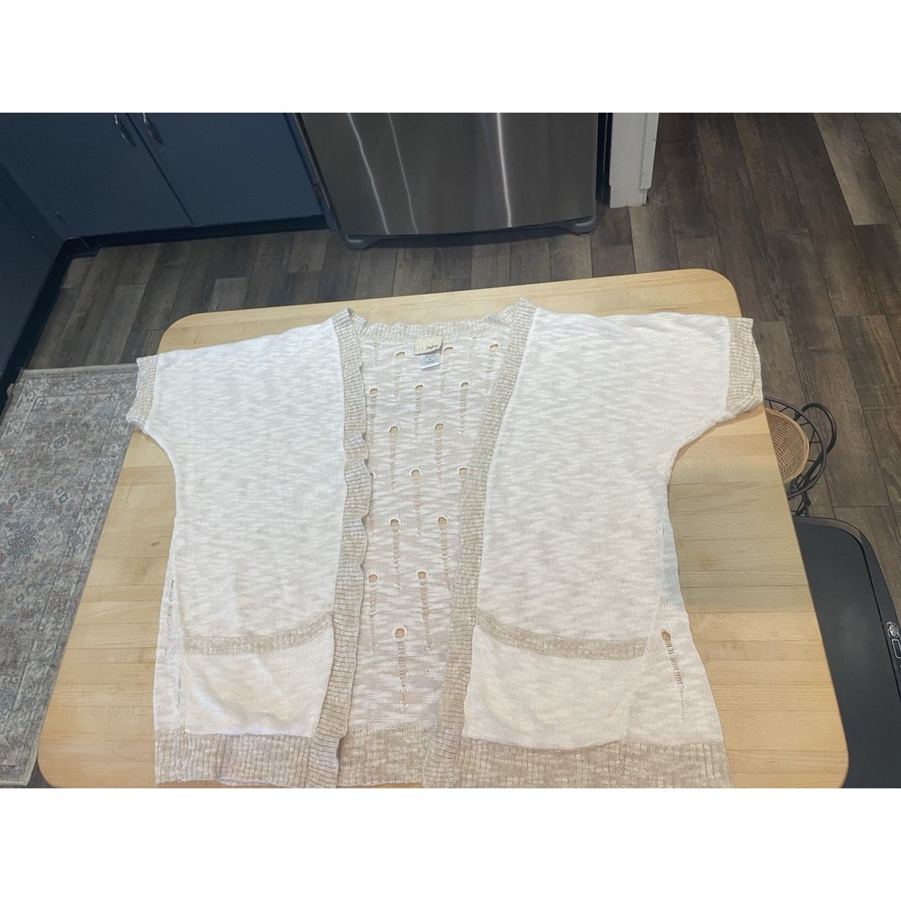 Daytrip Soft Oversized Short Sleeve Open Knit Cardigan Oatmeal Tan Cropped Small